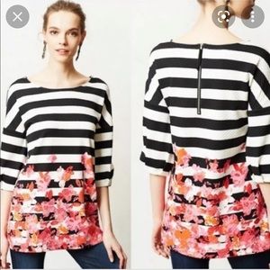 ANTHROPOLOGIE Postmark stripes floral puff sleeve tunic top